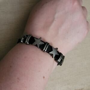 Star charm black synthetic leather bracelet